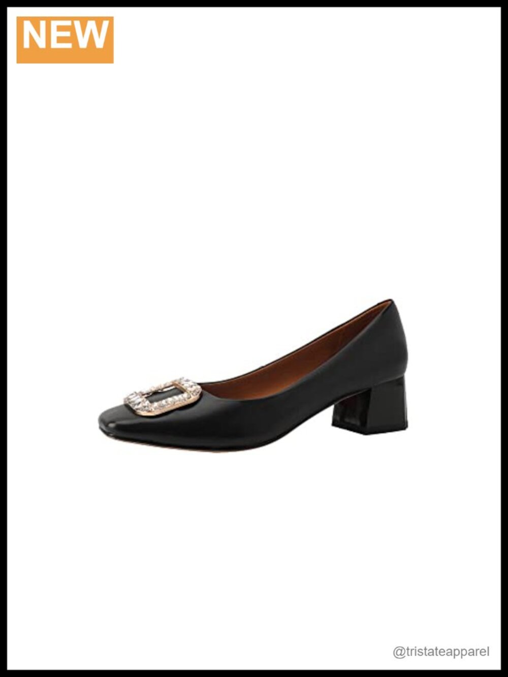 Genuine Leather Block Heel Square Toe Pumps Handmade Crystal Embellished